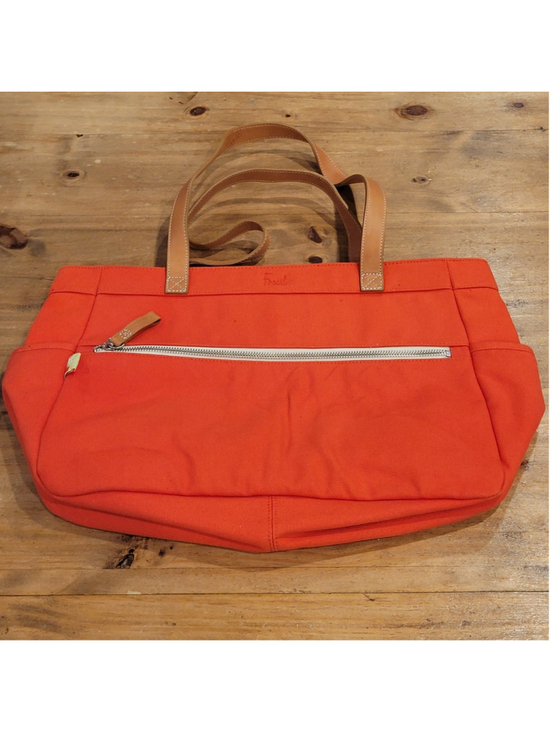Fossil Handbags - Fossil Orange Canvas Tote Bag Brown Leather Handles Shoulder Purse Zip Top
